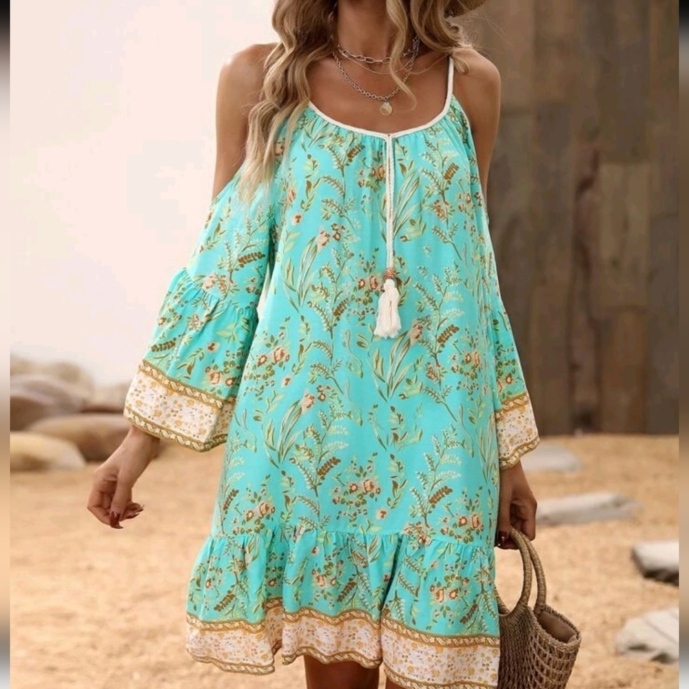 Floral Print Cold Shoulder Tassel Trim Ruffle Hem Dress - Picture 5 of 7
